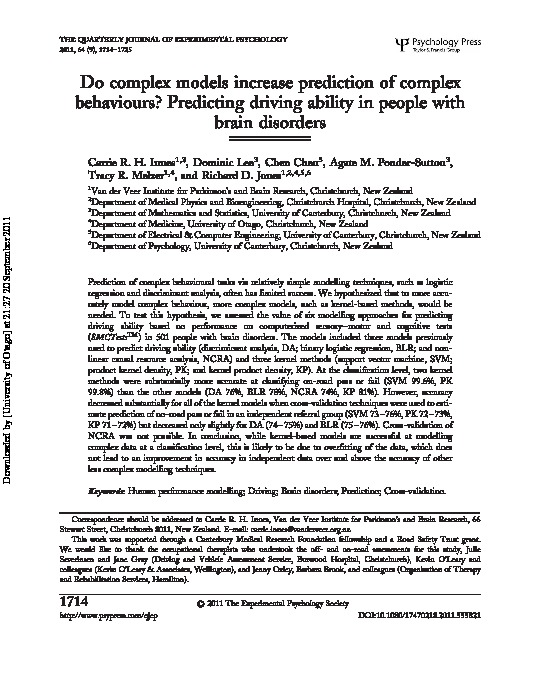 Download Do complex models increase prediction of complex behaviours? Predicting driving ability in people with brain disorders.